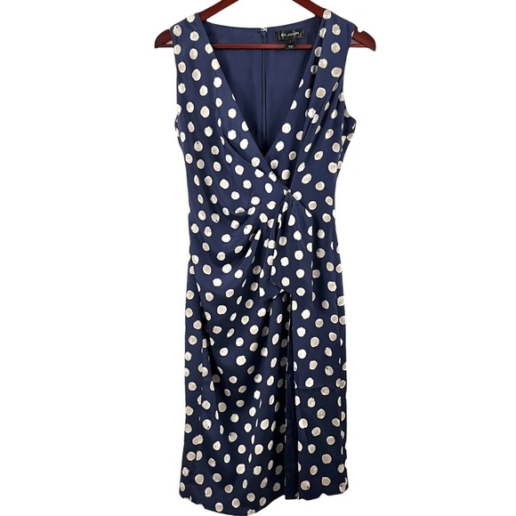 ST. JOHN Sleeveless Faux Wrap Silk Polka Dot Dress - Picture 7 of 13